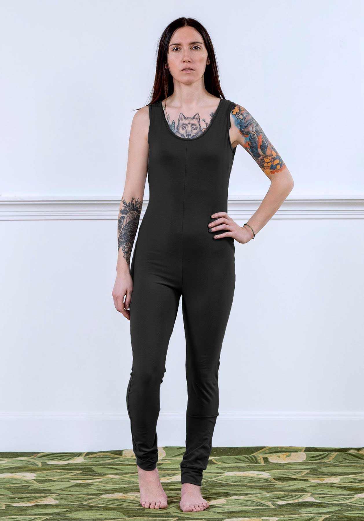 Soy French Terry Black Sleeveless Union Suit | Women's Full Bodysuit | MoonEaze™