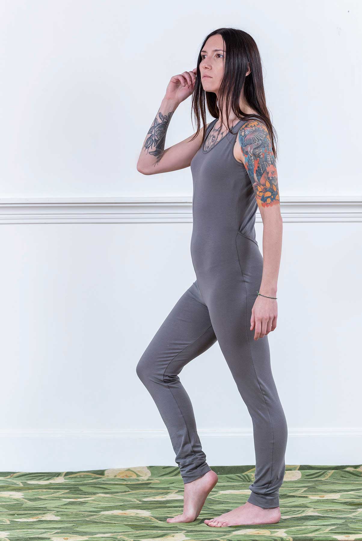 Light Grey Cotton Modal Sleeveless Union Suit | Women's Full Bodysuit | MoonEaze™