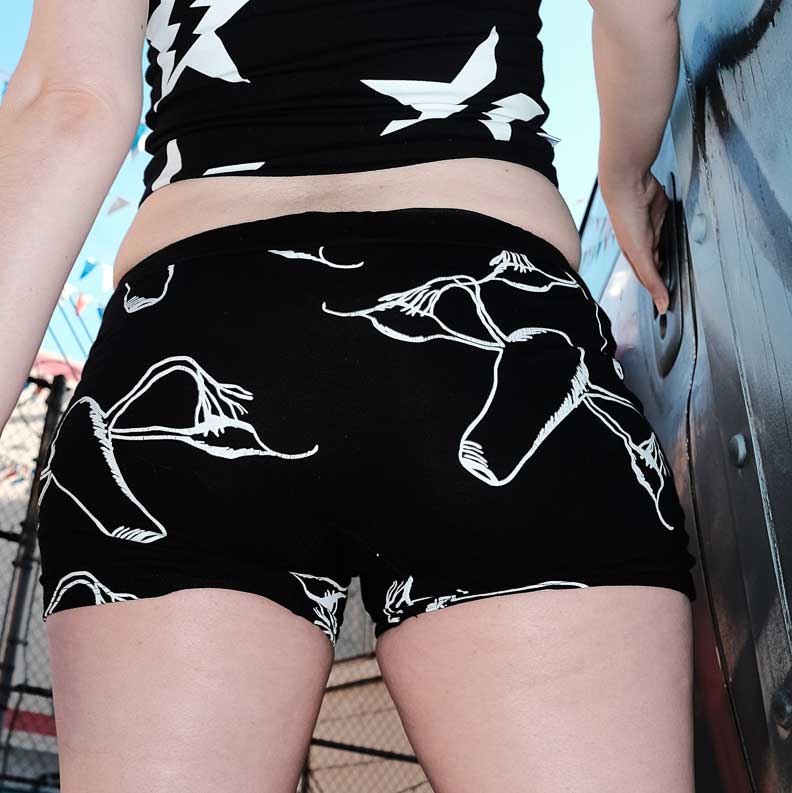 Black Booty Shorts With Hand Pressed Flying Ovaries