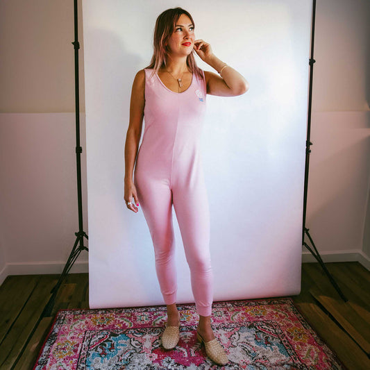 Pink Cotton Knit Sleeveless Union Suit | Women's Sleeveless Tank Full Bodysuit | MoonEaze™-Union Suit-Small-Solid-Hagsters