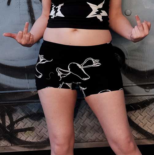 Black Booty Shorts With Hand Pressed Flying Ovaries-Shorts-XS-Hagsters