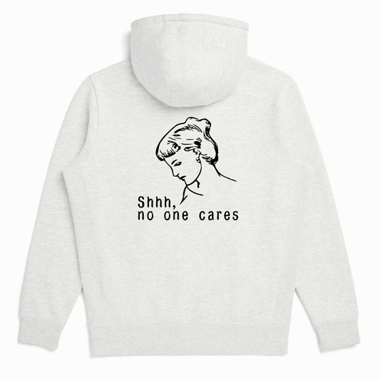 Shhh, No One Cares Organic Cotton Ash Heather Unisex Zip Up Hoodie-Hoodies-White-S-Hagsters